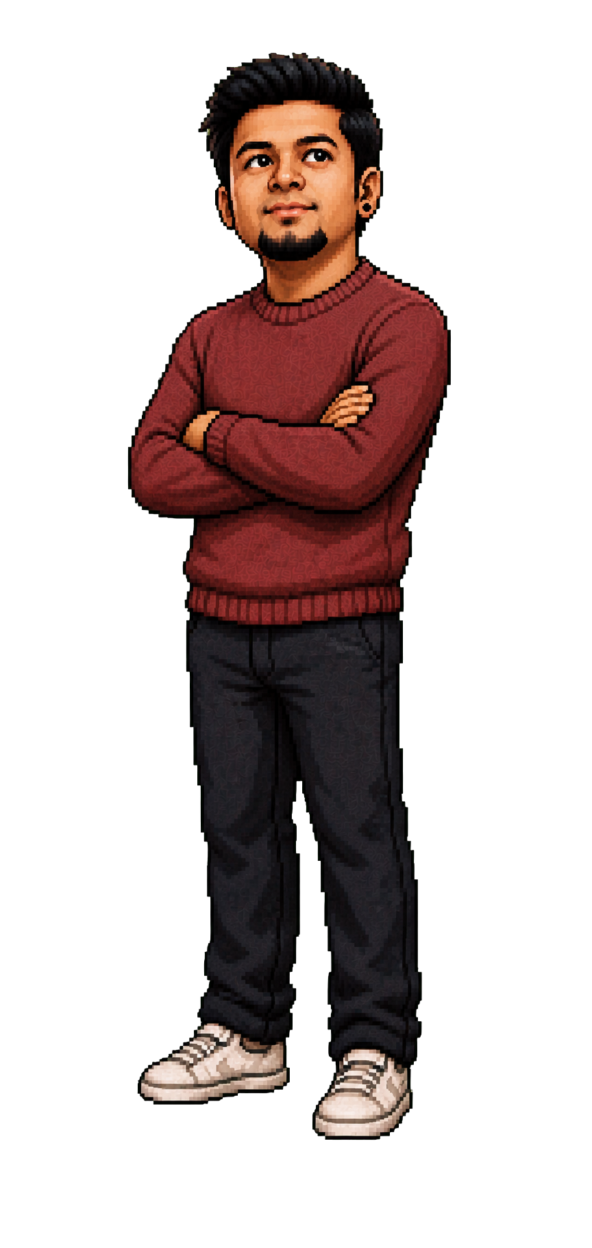 Pixel art illustration of Amit Das standing confidently with folded arms