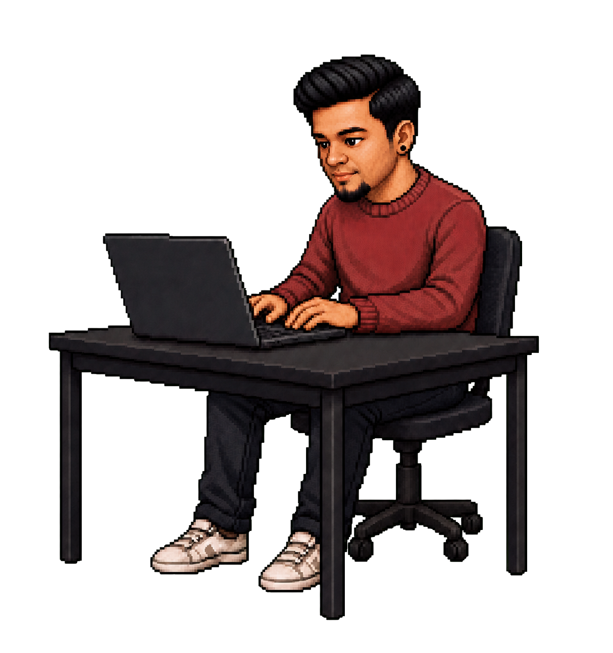 Pixel art illustration of Amit working at a laptop